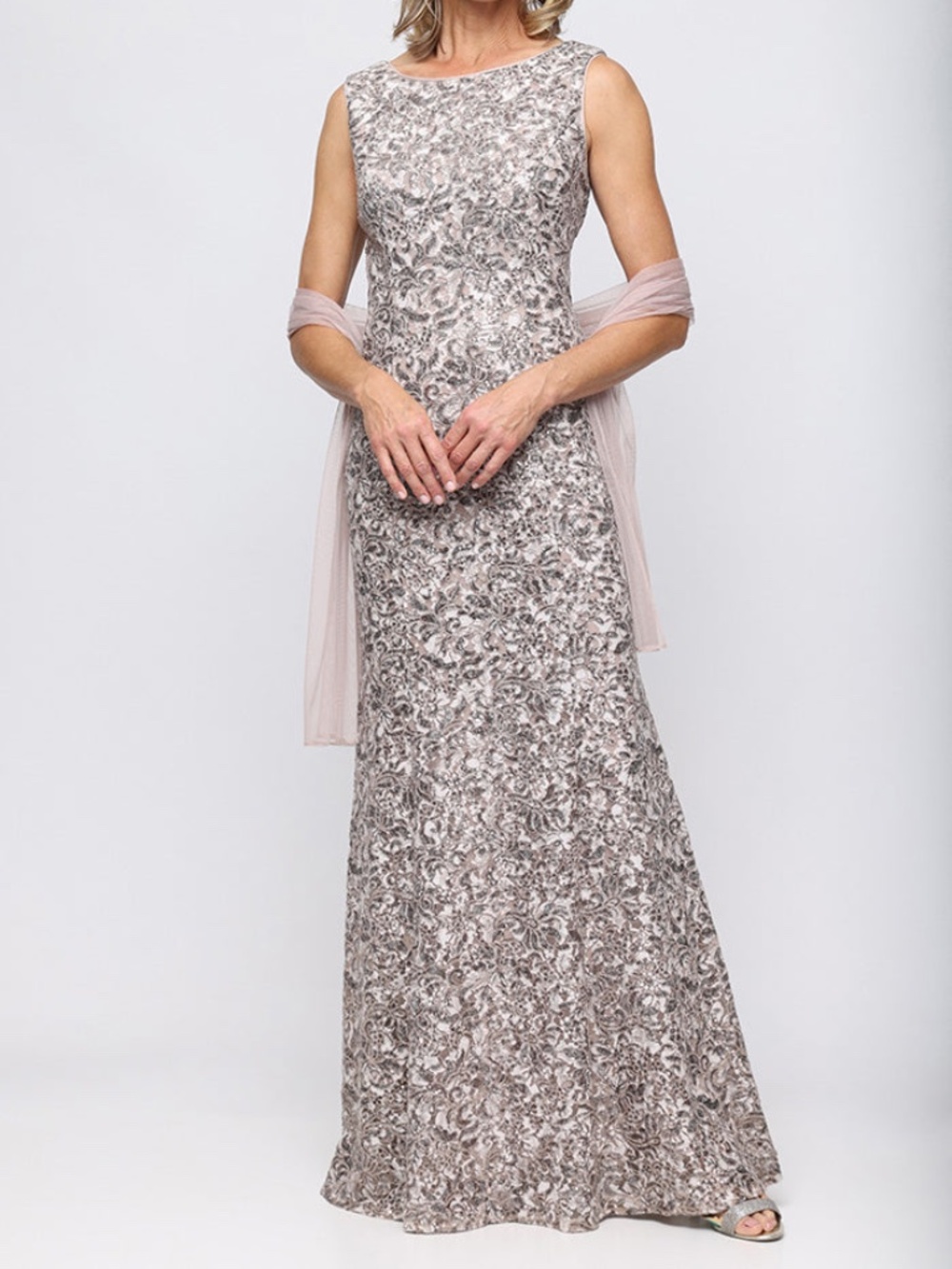 alexevenings.com Long Sleeveless Corded Fit and Flare Dress With Shawl ICE SAGE
